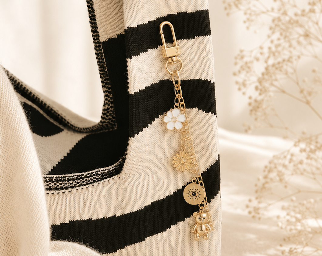 Buttermelle charm keyring clipped to a striped knit bag